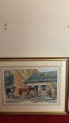 Signed watercolour of a stableyard scene, framed, signed Eric Thompson (61cm x 78cm including