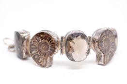 Impressive 925 Silver Ammonite Fossils and Large Smokey Quartz? Cuff Bracelet.