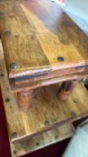 Rustic hardwood tiered occasional stand, comprising two rectangular shelves and a hinged lidded