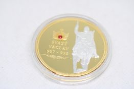 Gold Plated Coin Commemorating Svaty Vaclave. Cesti Panovnici and crest on other side in pouch