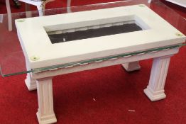 Neoclassical Revival Textured White Cast Coffee Table with Inset Glass Top