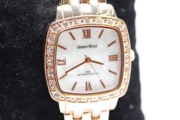 Mid-Size 30mm Gianni Ricci Quartz Watch with Ice White Mother of Pearl Dial and Gemmed Bezel.
