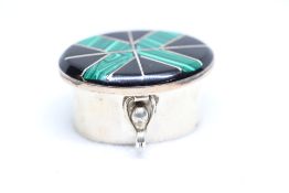 Mexican Sterling Silver Pill Box with Malachite and Onyx Inlay