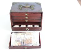 Chinese Brass-Bound Hardwood Mahjong Set in Five-Drawer Case