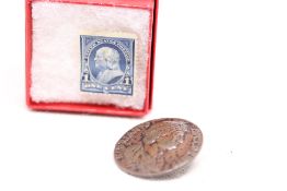 Ben Franklin Vintage Blue One Cent Stamp & Hadrianvs AV Cos ii Bronze Button