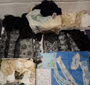 A quantity of vintage lace trimmings and surrounds, handkerchiefs to include an embroidered silk HMS