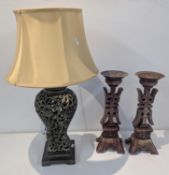 A 20th century table lamp with pierced scroll stem, 65cm high including shade, and a pair of Chinese