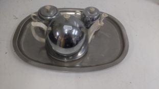 A retro stainless steel covered ceramic tea set with tray A/F, and a ceramic studio pottery flower