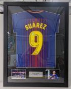 A Barcelona framed football shirt signed by Luis Suarez with Witness Autograph label, 66.5cm x 86.