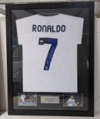A Real Madrid framed football shirt signed by Cristiano Ronaldo with Becket label, 66.5cm x 86.5cm