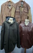 A group of 5 gents jackets to include 3 leather and suede jackets 42/44" chest, a Tumi Tech green