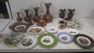 Ceramics and metalware to include four copper jugs of graduating size, collectors cabinet plates,