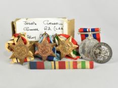 A Collection of WWII Medals to include 1939-45, Two 1939-45 Stars and an Italy Star, Also Ribbon Bar