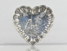 A Silver Heart Shaped Pin Dish, Cherubs Fishing, Various Hallmarks to include JS, London, Probably