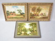 Three Gilt Framed Oils, One Pair Depicting Rural Scenes The Other Gent Fishing in Woodland Pond,