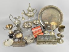 A Collection of Various Silver Plated Items to include Tray, Boxes, Claret Jug, Teapot, Trophies,