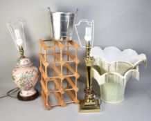 A Brass Corinthian Column Table Lamp and Shade and an Oriental Ceramic Vase Shaped Table Lamp and