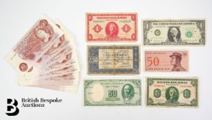 Banknotes including Shillings, Sen, Pesos and Gulden