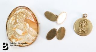 9ct Gold Cufflinks, Pendant and Cameo Brooch