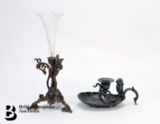 Vintage Pewter Candle Holder and Gilt Bronze Flower Posy Holder