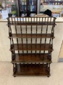 ANTIQUE MAHOGANY WATERFALL BOOKCASE 5 TEIRS WITH SPINDLES AND SWAN DESIGN SIDES 84 X 125CM
