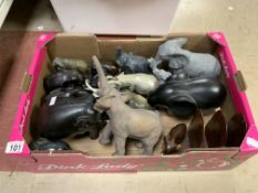 MIXED VINTAGE CARVED MODELS OF ELEPHANTS INCLUDES BOOKENDS - WOOD, STONE, CERAMIC ETC