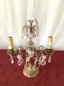 VINTAGE METAL TWO BRANCH CANDELABRA WITH CUT GLASS DROPS
