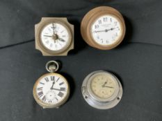 A GOLIATH FOB WATCH, TWO VINTAGE CAR CLOCKS AND ANOTHER