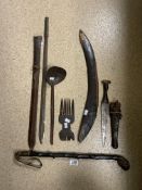 A QUANTITY OF TRIBAL ITEMS, SOME SOUTH PACIFIC, INCLUDING; A FIGHTING BOOMERANG, LADLE, COMB AND