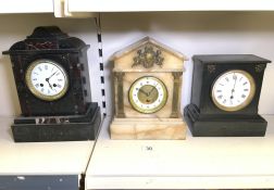 TWO ANTIQUE MARBLE MANTEL CLOCKS WITH ONE ONYX CLOCK