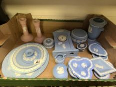 VINTAGE WEDGWOOD BLUE JASPERWARE WITH PAIR OF PINK JASPERWARE CANDLESTICKS AND CLOCK