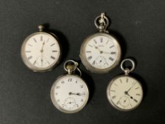 THREE STERLING SILVER CASED FOB WATCHES, IMPORT MARKS FOR LONDON 1858, 1910, 1918 AND A SWISS SILVER