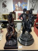 THREE FIGURAL SCULPTURES ONE WITH MARBLE BASE LARGEST 46CM