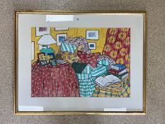 LARGE MARY CARLSON SIGNED WATERCOLOUR (YELLOW SITTING ROOM) FRAMED AND GLAZED 111 X 87CM