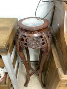VINTAGE CHINESE HARD WOOD JARDINERE STAND WITH MARBLE AND CARVED BIRDS AND BLOSSOM, 94 X 35CM