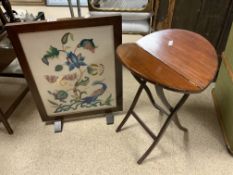 ANTIQUE FOLDING OCCASIONAL TABLE WITH TAPESTRY FIRESCREEN