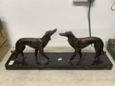 TWO VINTAGE BRONZED DOGS ON MARBLE PLINTH 70CM