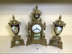 VINTAGE ITALIAN (IMPERIAL) THREE-PIECE PORCELAIN AND GILDED BRASS MANTEL CLOCK AND GARNITURE 42CM