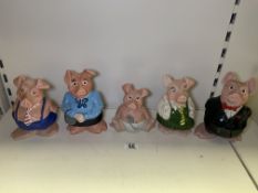 FIVE WADE CERAMIC NAT WEST PIGS - Woody, Annabel, Maxwell, Lady Hilary and Sir Nathaniel