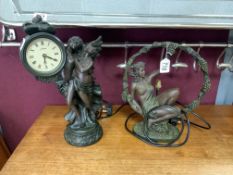 VINTAGE FIGURE RESIN LAMP WITH A VINTAGE FIGURE RESIN CLOCK LARGEST 44CM