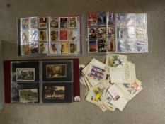 POSTCARD ALBUM, TRADING CARDS AND FIRST DAY COVERS