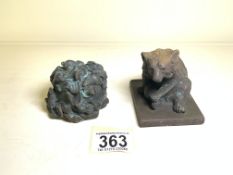 A METAL SCULPTURE OF A BEAR, HEIGHT 7CM AND A METAL SCULPTURE OF RATS CRAWLING OVER AND INTO A SACK,
