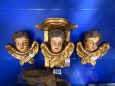 THREE ANTIQUE DECORATIVE HANGING ANGEL SCULPTURES LARGEST 24CM