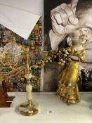 LARGE CONTINENTAL FIGURE WITH ONYX AND GILT CANDELABRA LARGEST 46CM