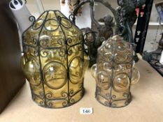 TWO VINTAGE MURANO BUBBLE CAGED PEACH GLASS LANTERNS LARGEST 31CM