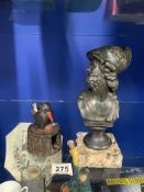 VINTAGE BRONZED BUST WITH BAKELITE AND WOOD ASHTRAY