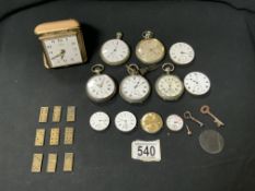 A QUANTITY OF VINTAGE FOB WATCHES AND DIALS, ONE MILITARY ISSUE, A CASED TRAVELLING ALARM CLOCK