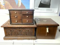 THREE ANTIQUE WOODEN BOXES ONE WITH DRAWERS, ONE CARVED AND ONE SILVER HALLMARKED SILVER PLAQUE