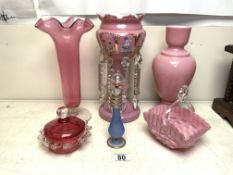 MIXED ART GLASS INCLUDES CRANBERRY GLASS. PINK LUSTRE GLASS AND MORE