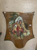 M.S. SIGNED PAINTING OF AN INDIAN CHIEF DATED 1930 NIAGARA FALLS COPPER FRAMED, 71 X 83CM